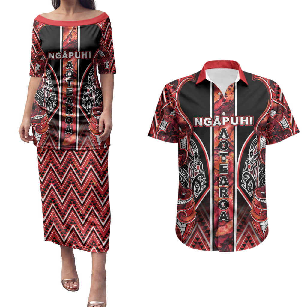 Aotearoa Ngapuhi Couples Matching Puletasi and Hawaiian Shirt Maori Red Tribal Paua Shell Pattern DT05 Red - Polynesian Pride