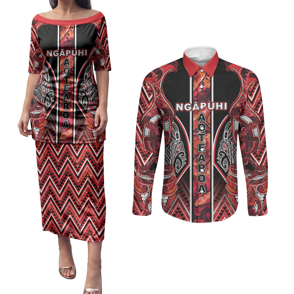 Aotearoa Ngapuhi Couples Matching Puletasi and Long Sleeve Button Shirt Maori Red Tribal Paua Shell Pattern DT05 Red - Polynesian Pride
