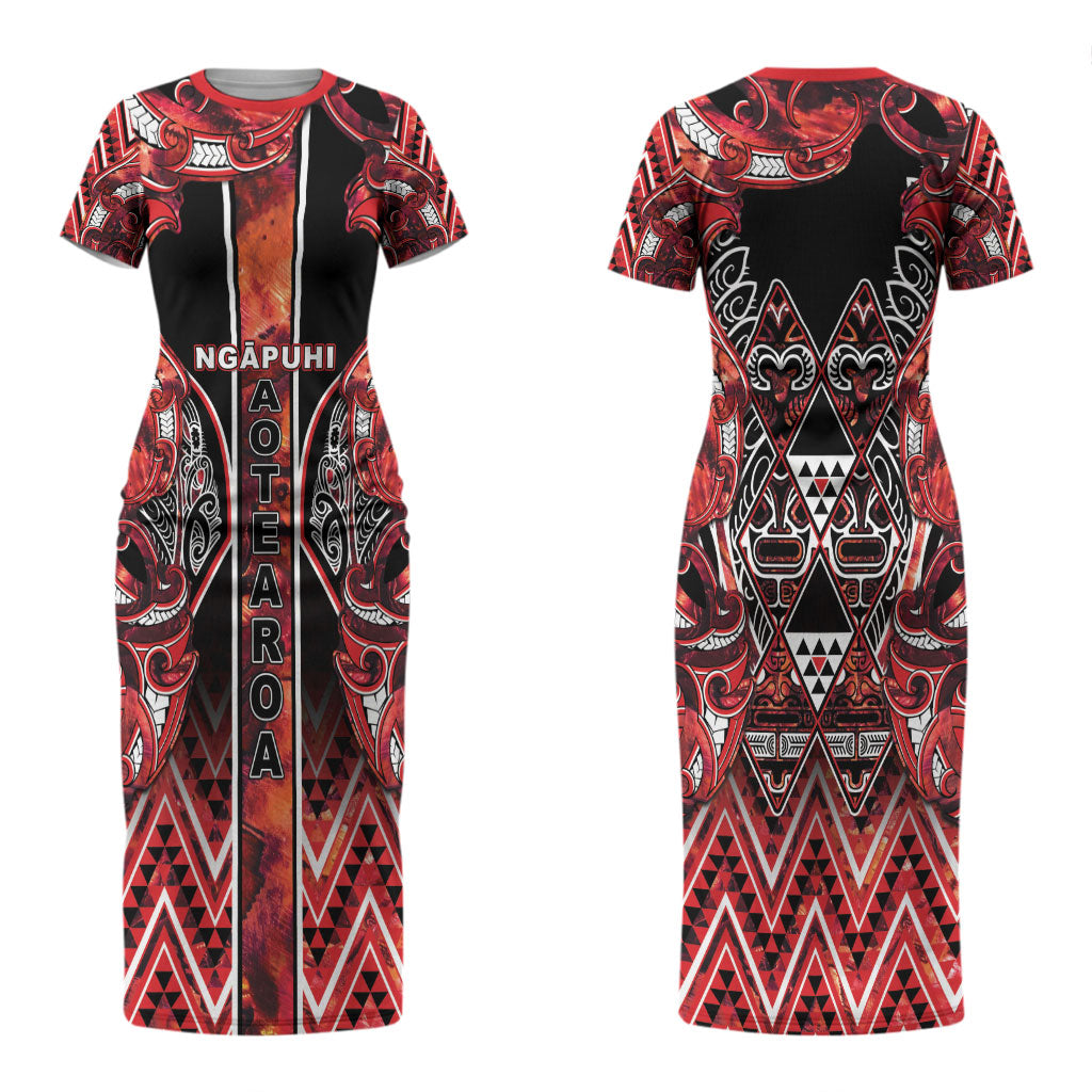 Aotearoa Ngapuhi Couples Matching Short Sleeve Bodycon Dress and Long Sleeve Button Shirt Maori Red Tribal Paua Shell Pattern DT05 - Polynesian Pride