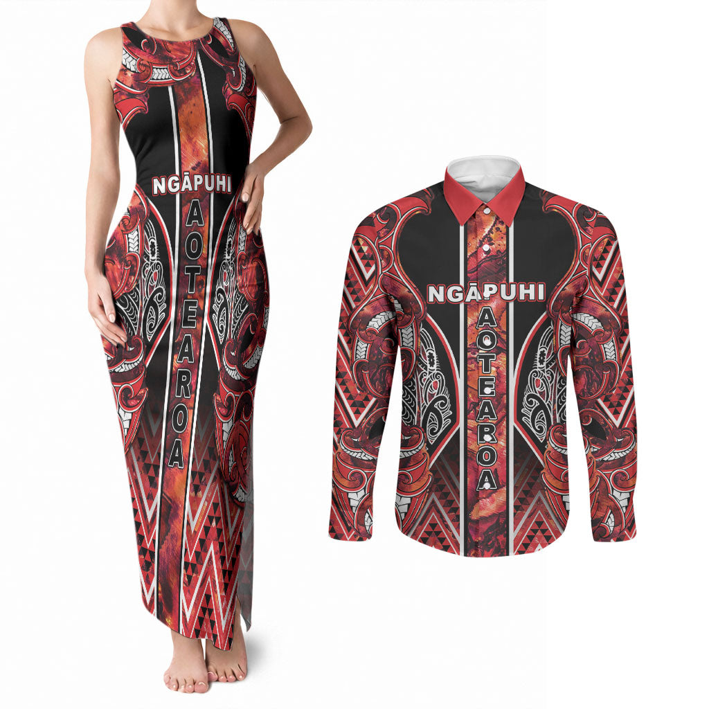 Aotearoa Ngapuhi Couples Matching Tank Maxi Dress and Long Sleeve Button Shirt Maori Red Tribal Paua Shell Pattern DT05 Red - Polynesian Pride