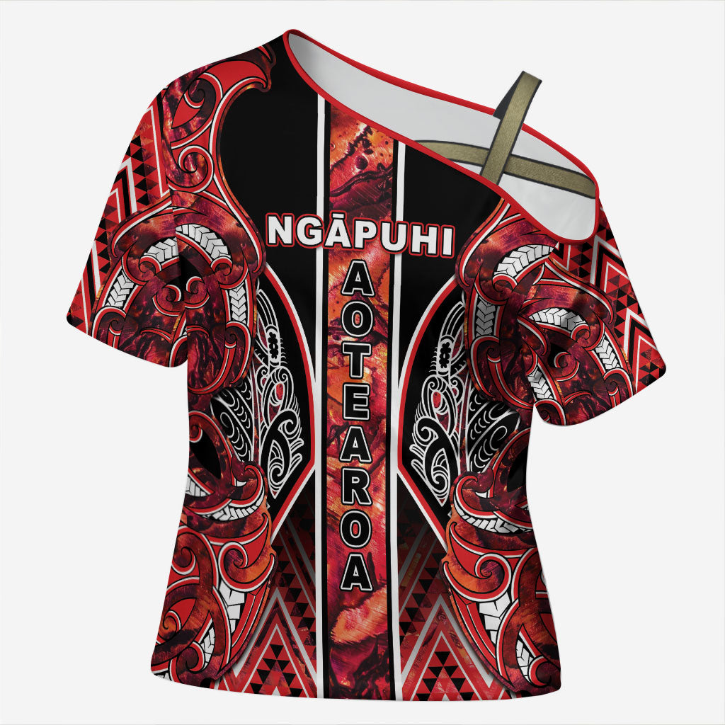 Aotearoa Ngapuhi Cross Shoulder Shirt Maori Red Tribal Paua Shell Pattern DT05 Female Red - Polynesian Pride