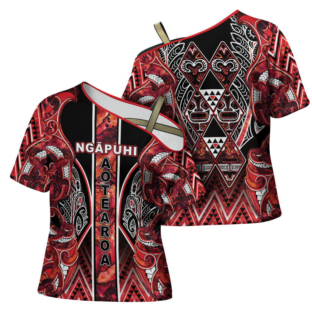 Aotearoa Ngapuhi Cross Shoulder Shirt Maori Red Tribal Paua Shell Pattern DT05 - Polynesian Pride