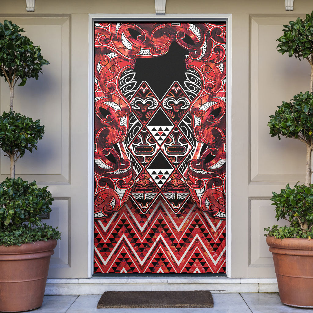 Aotearoa Ngapuhi Door Cover Maori Red Tribal Paua Shell Pattern DT05 Red - Polynesian Pride