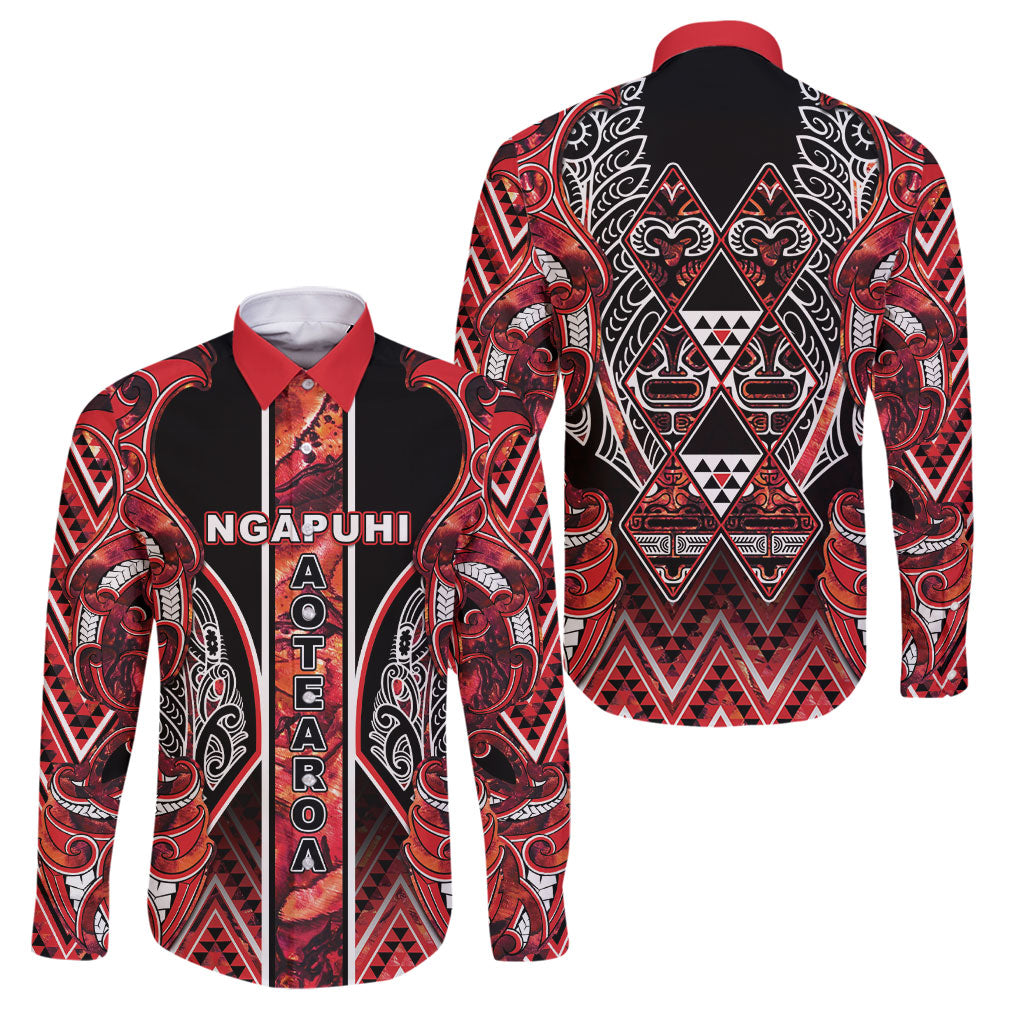 Aotearoa Ngapuhi Family Matching Off Shoulder Maxi Dress and Hawaiian Shirt Maori Red Tribal Paua Shell Pattern DT05 Dad's Shirt - Long Sleeve Red - Polynesian Pride