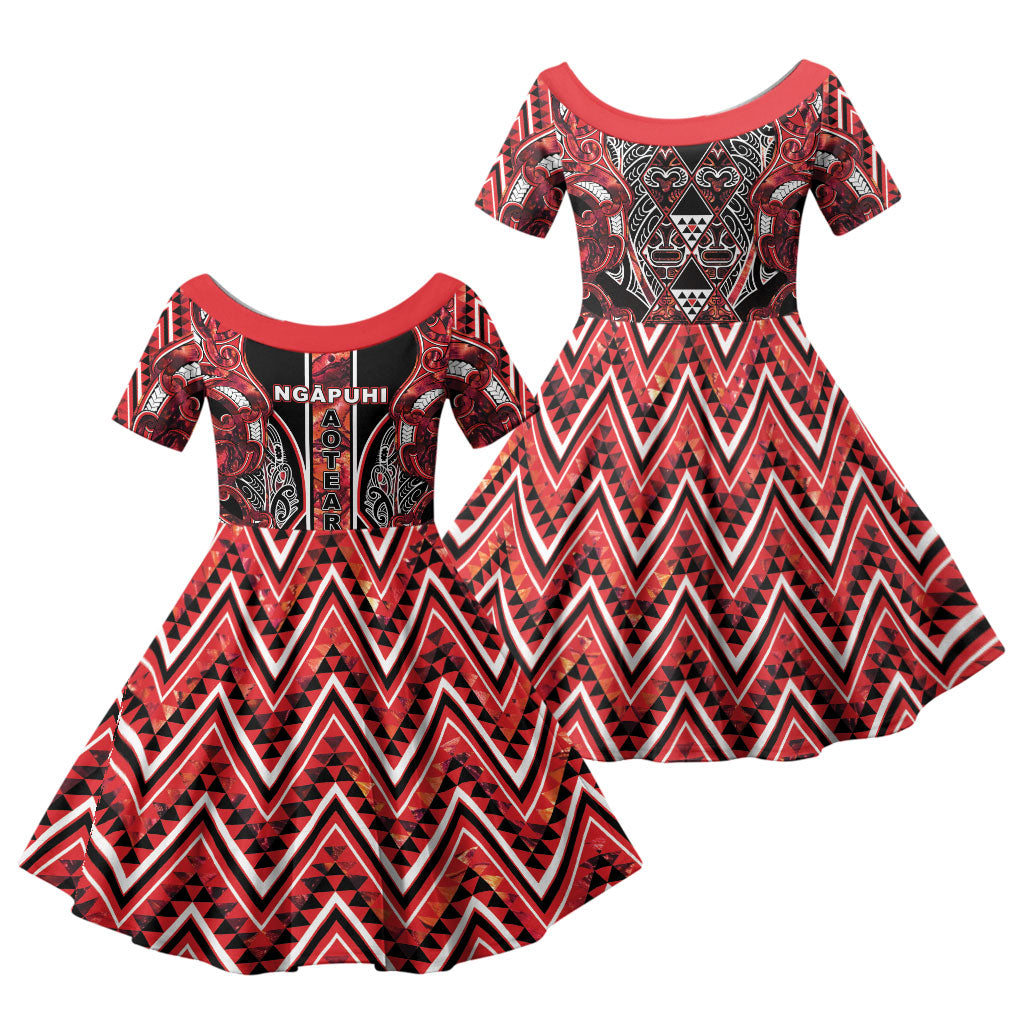 Aotearoa Ngapuhi Family Matching Tank Maxi Dress and Hawaiian Shirt Maori Red Tribal Paua Shell Pattern DT05 Daughter's Dress Red - Polynesian Pride