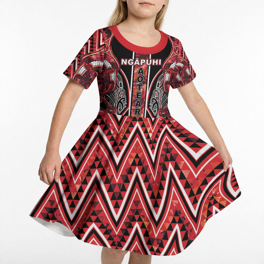 Aotearoa Ngapuhi Kid Short Sleeve Dress Maori Red Tribal Paua Shell Pattern DT05 - Polynesian Pride
