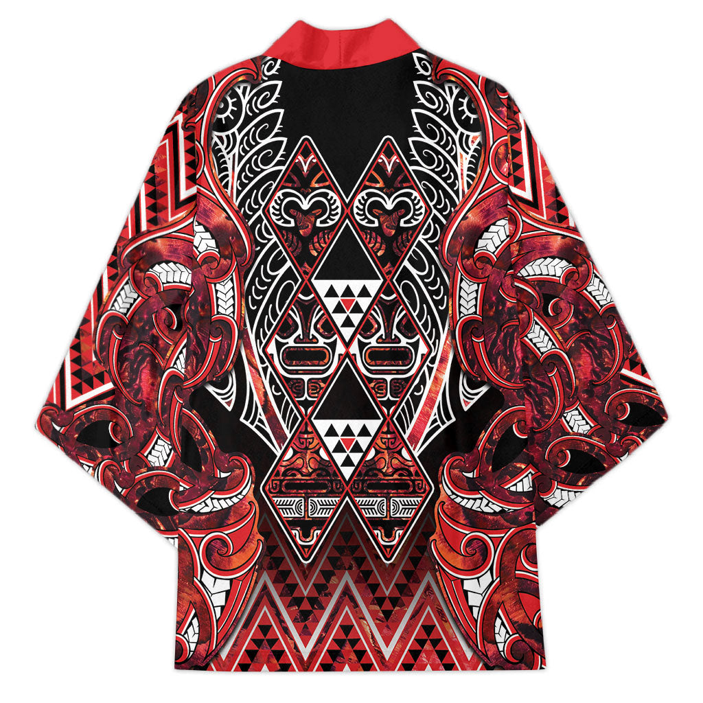 Aotearoa Ngapuhi Kimono Maori Red Tribal Paua Shell Pattern DT05 - Polynesian Pride