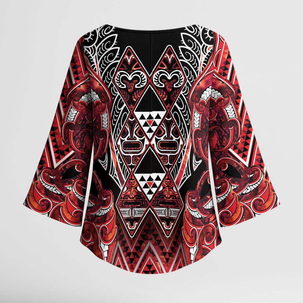 Aotearoa Ngapuhi Kimono Sleeve Blouse Maori Red Tribal Paua Shell Pattern DT05 - Polynesian Pride
