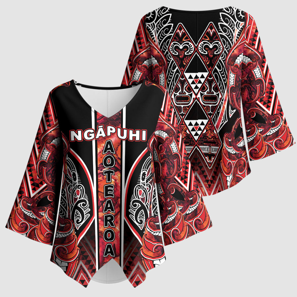 Aotearoa Ngapuhi Kimono Sleeve Blouse Maori Red Tribal Paua Shell Pattern DT05 - Polynesian Pride