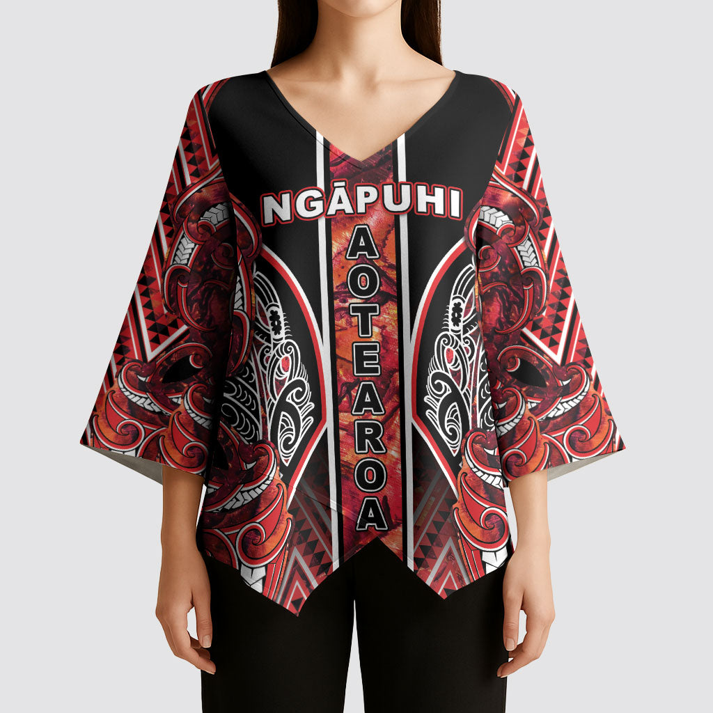 Aotearoa Ngapuhi Kimono Sleeve Blouse Maori Red Tribal Paua Shell Pattern DT05 - Polynesian Pride