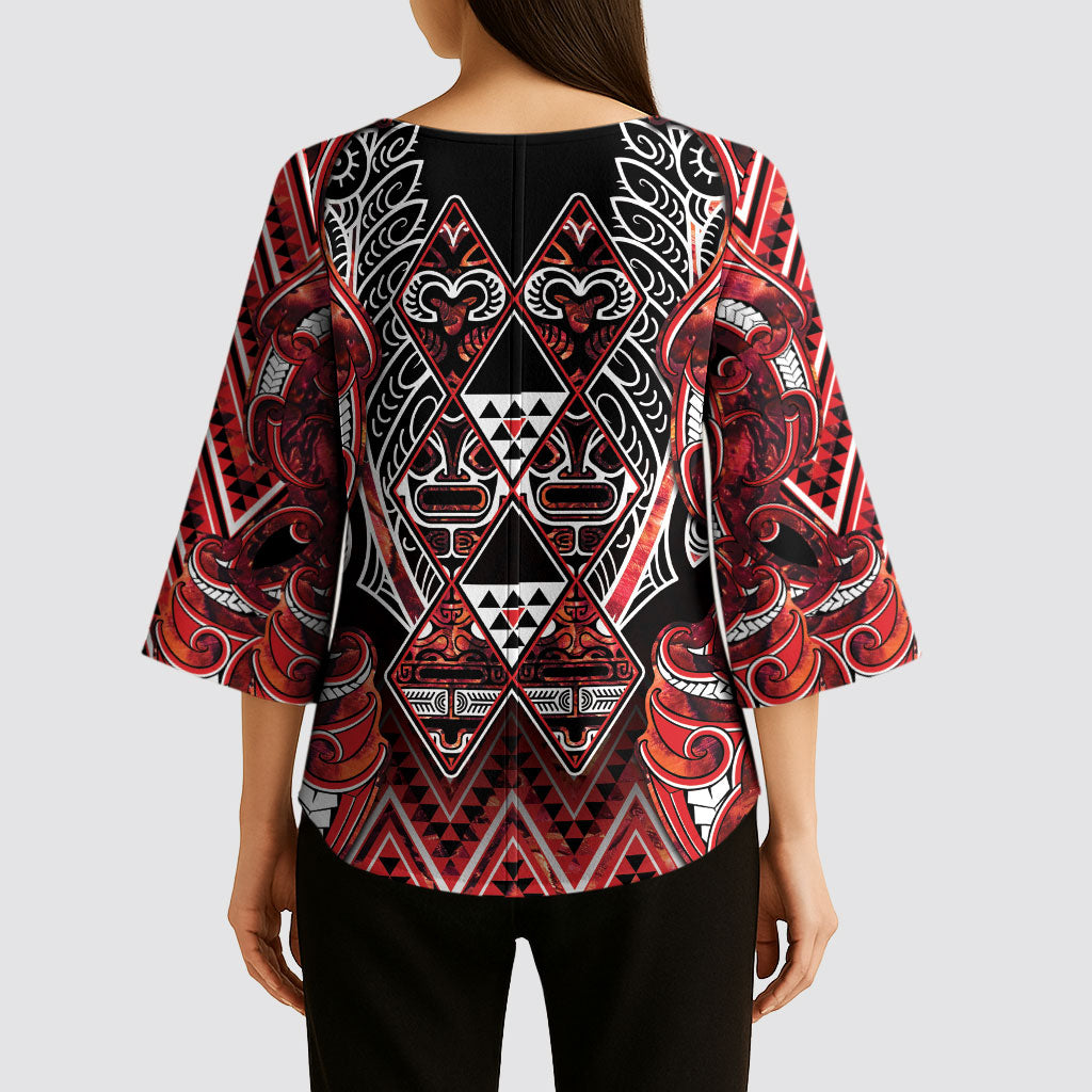 Aotearoa Ngapuhi Kimono Sleeve Blouse Maori Red Tribal Paua Shell Pattern DT05 - Polynesian Pride