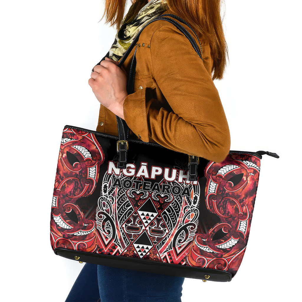 Aotearoa Ngapuhi Leather Tote Bag Maori Red Tribal Paua Shell Pattern DT05 Red - Polynesian Pride
