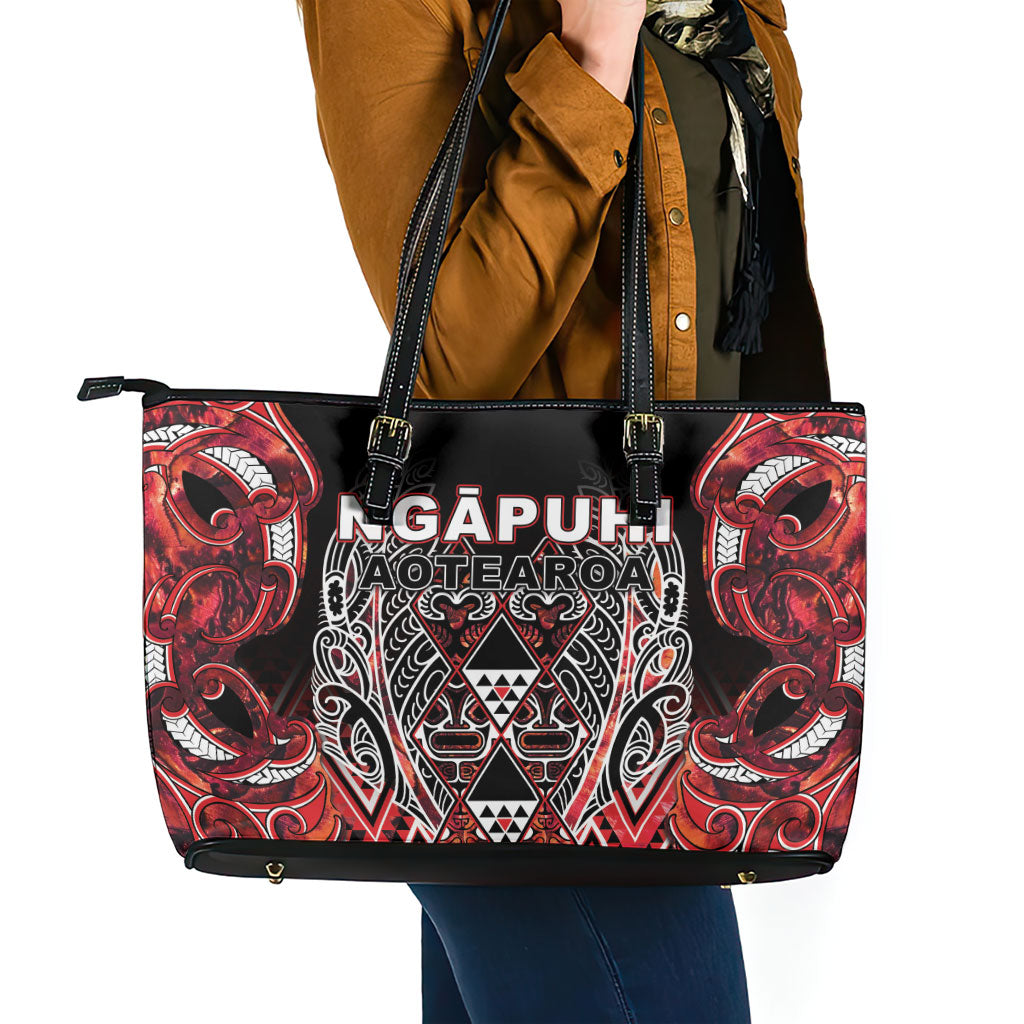 Aotearoa Ngapuhi Leather Tote Bag Maori Red Tribal Paua Shell Pattern DT05 - Polynesian Pride