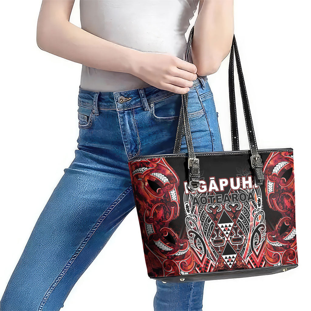 Aotearoa Ngapuhi Leather Tote Bag Maori Red Tribal Paua Shell Pattern DT05 - Polynesian Pride