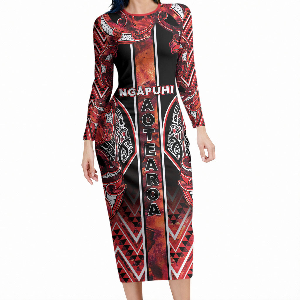 Aotearoa Ngapuhi Long Sleeve Bodycon Dress Maori Red Tribal Paua Shell Pattern DT05 Long Dress Red - Polynesian Pride