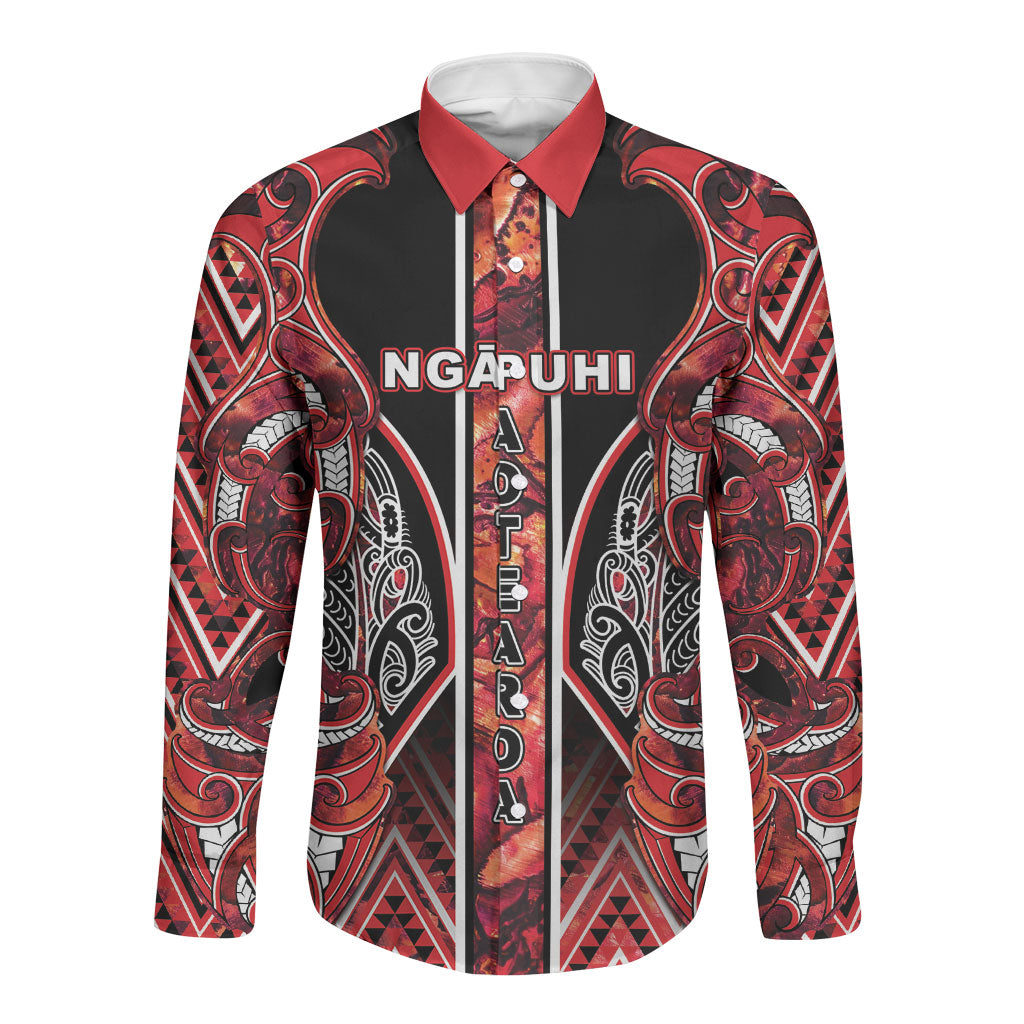 Aotearoa Ngapuhi Long Sleeve Button Shirt Maori Red Tribal Paua Shell Pattern DT05 Unisex Red - Polynesian Pride