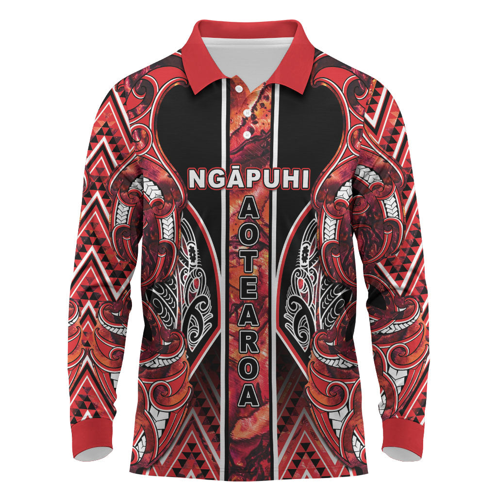 Aotearoa Ngapuhi Long Sleeve Polo Shirt Maori Red Tribal Paua Shell Pattern DT05 Red - Polynesian Pride
