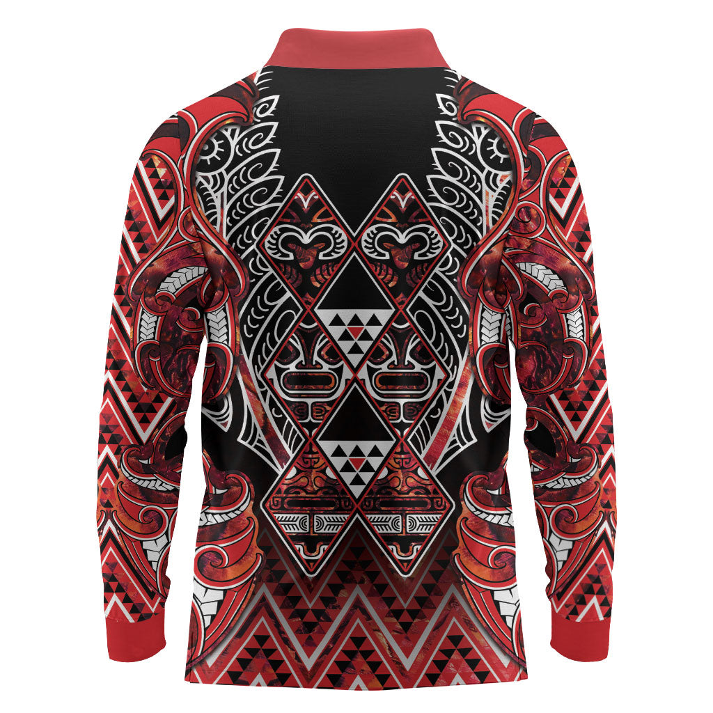 Aotearoa Ngapuhi Long Sleeve Polo Shirt Maori Red Tribal Paua Shell Pattern DT05 - Polynesian Pride