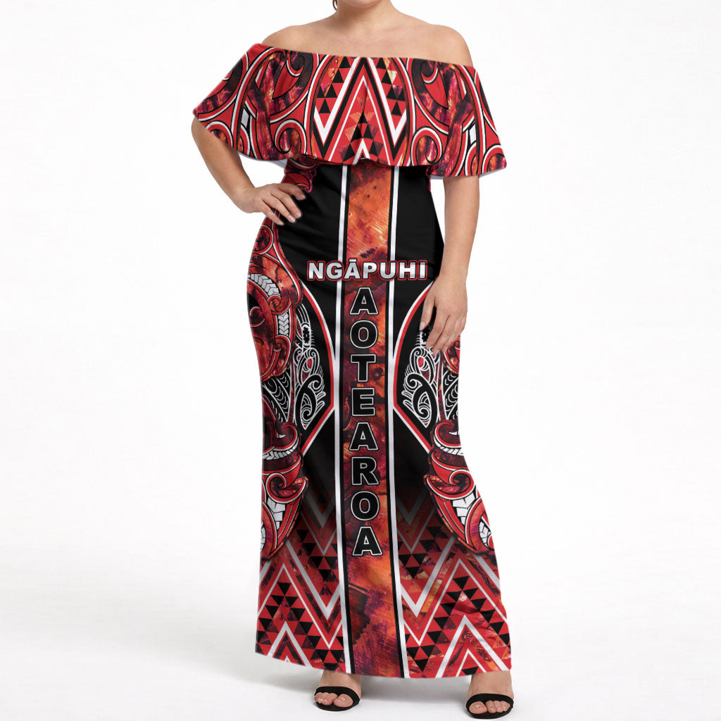 Aotearoa Ngapuhi Off Shoulder Maxi Dress Maori Red Tribal Paua Shell Pattern DT05 Women Red - Polynesian Pride
