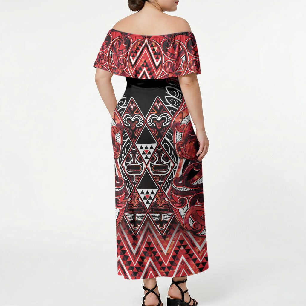 Aotearoa Ngapuhi Off Shoulder Maxi Dress Maori Red Tribal Paua Shell Pattern DT05 - Polynesian Pride