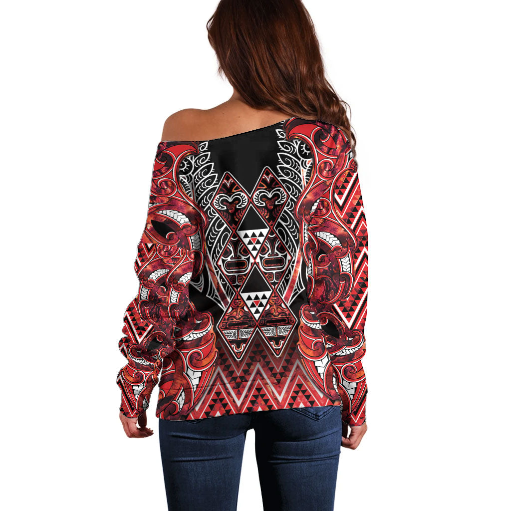 Aotearoa Ngapuhi Off Shoulder Sweater Maori Red Tribal Paua Shell Pattern DT05 - Polynesian Pride