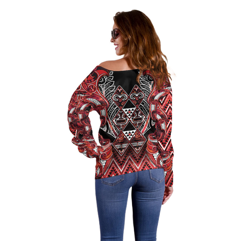 Aotearoa Ngapuhi Off Shoulder Sweater Maori Red Tribal Paua Shell Pattern DT05 - Polynesian Pride