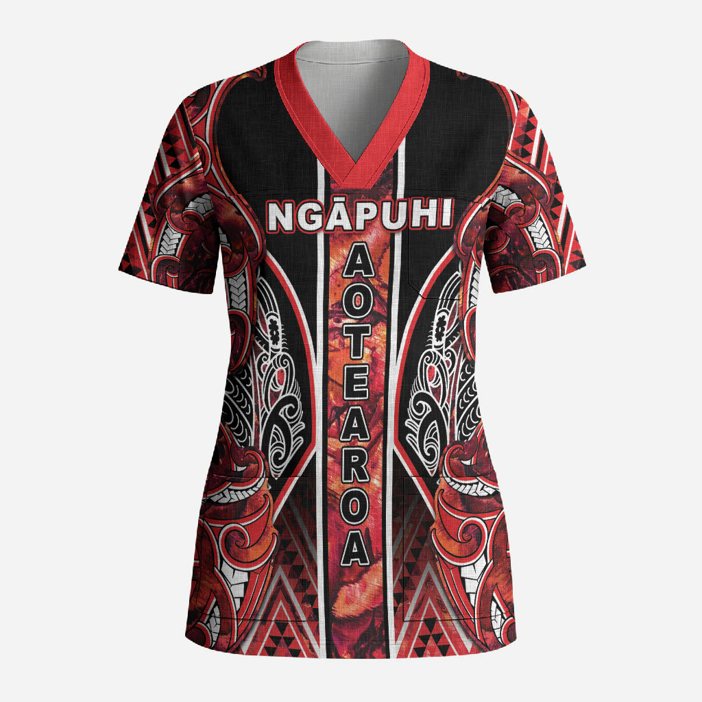 Aotearoa Ngapuhi Scrub Top Maori Red Tribal Paua Shell Pattern DT05 Adult Red - Polynesian Pride