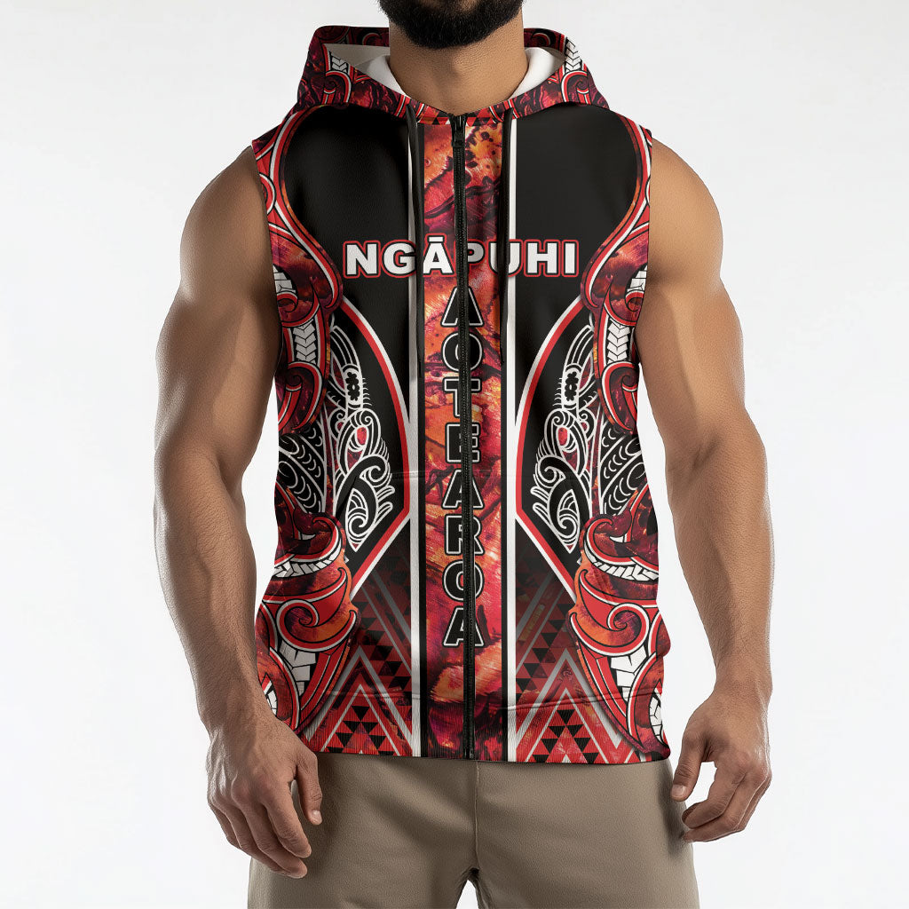 Aotearoa Ngapuhi Sleeveless Zip Hoodie Maori Red Tribal Paua Shell Pattern DT05 - Polynesian Pride