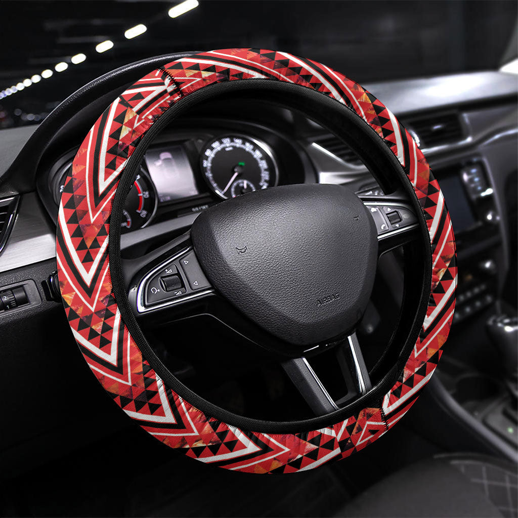 Aotearoa Ngapuhi Steering Wheel Cover Maori Red Tribal Paua Shell Pattern DT05 Universal Fit Red - Polynesian Pride