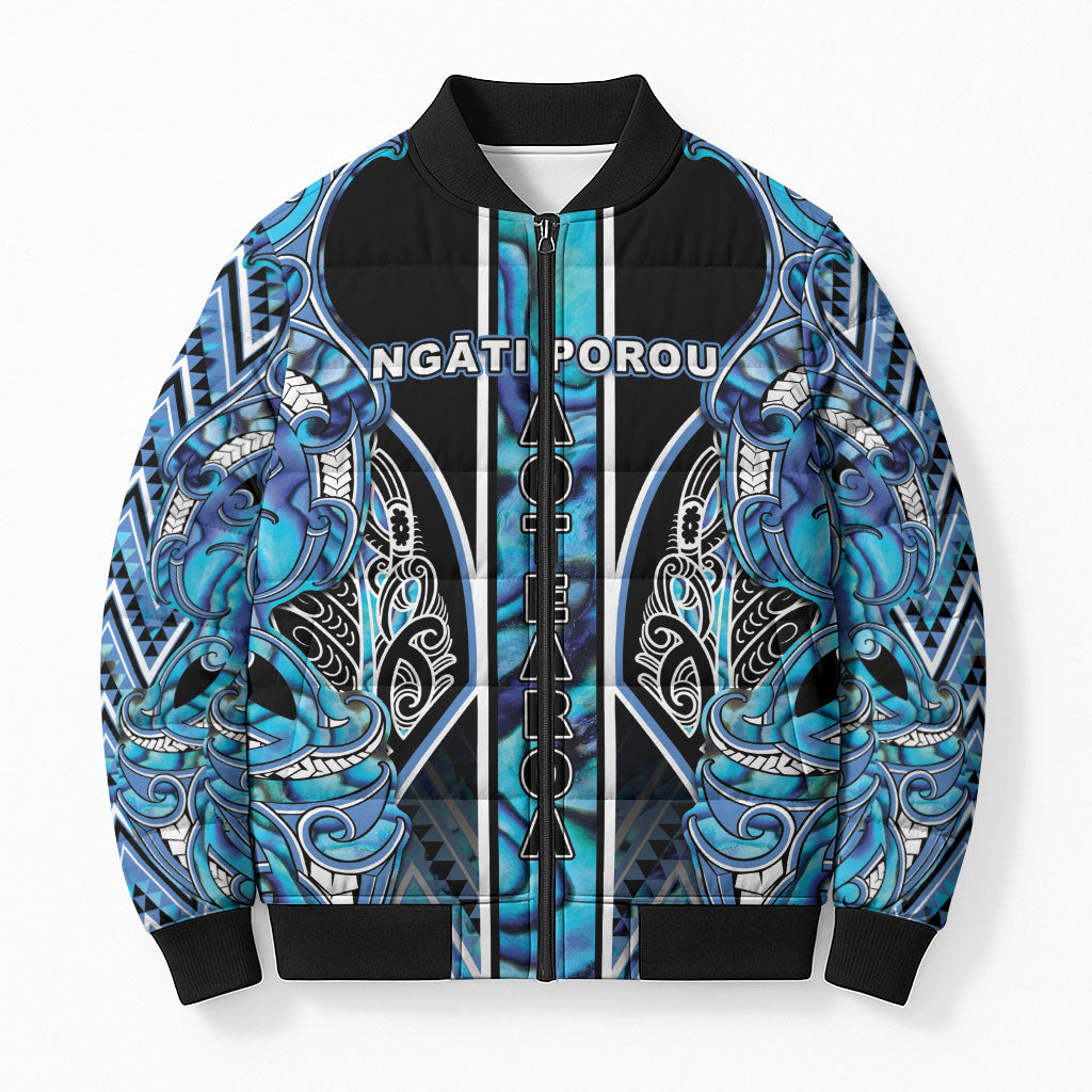 Aotearoa Ngati Porou Bomber Puffer Jacket Maori Light Blue Tribal Paua Shell Pattern DT05 Unisex Blue - Polynesian Pride