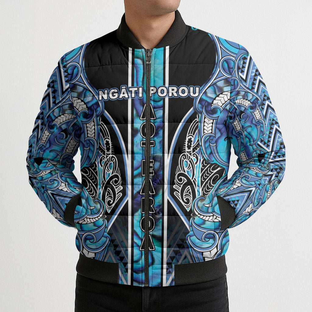 Aotearoa Ngati Porou Bomber Puffer Jacket Maori Light Blue Tribal Paua Shell Pattern DT05 - Polynesian Pride