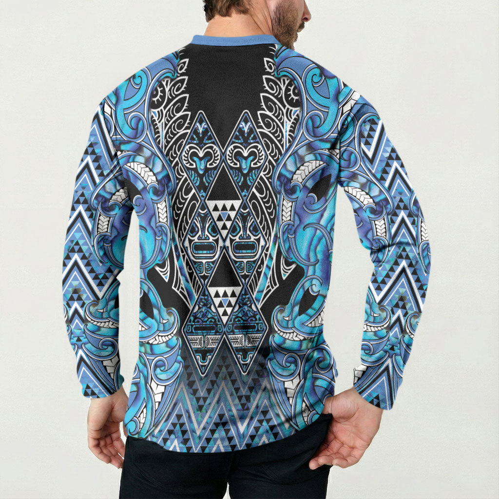 Aotearoa Ngati Porou Button Sweatshirt Maori Light Blue Tribal Paua Shell Pattern DT05 - Polynesian Pride