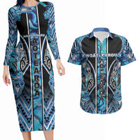 Aotearoa Ngati Porou Couples Matching Long Sleeve Bodycon Dress and Hawaiian Shirt Maori Light Blue Tribal Paua Shell Pattern DT05 Blue - Polynesian Pride