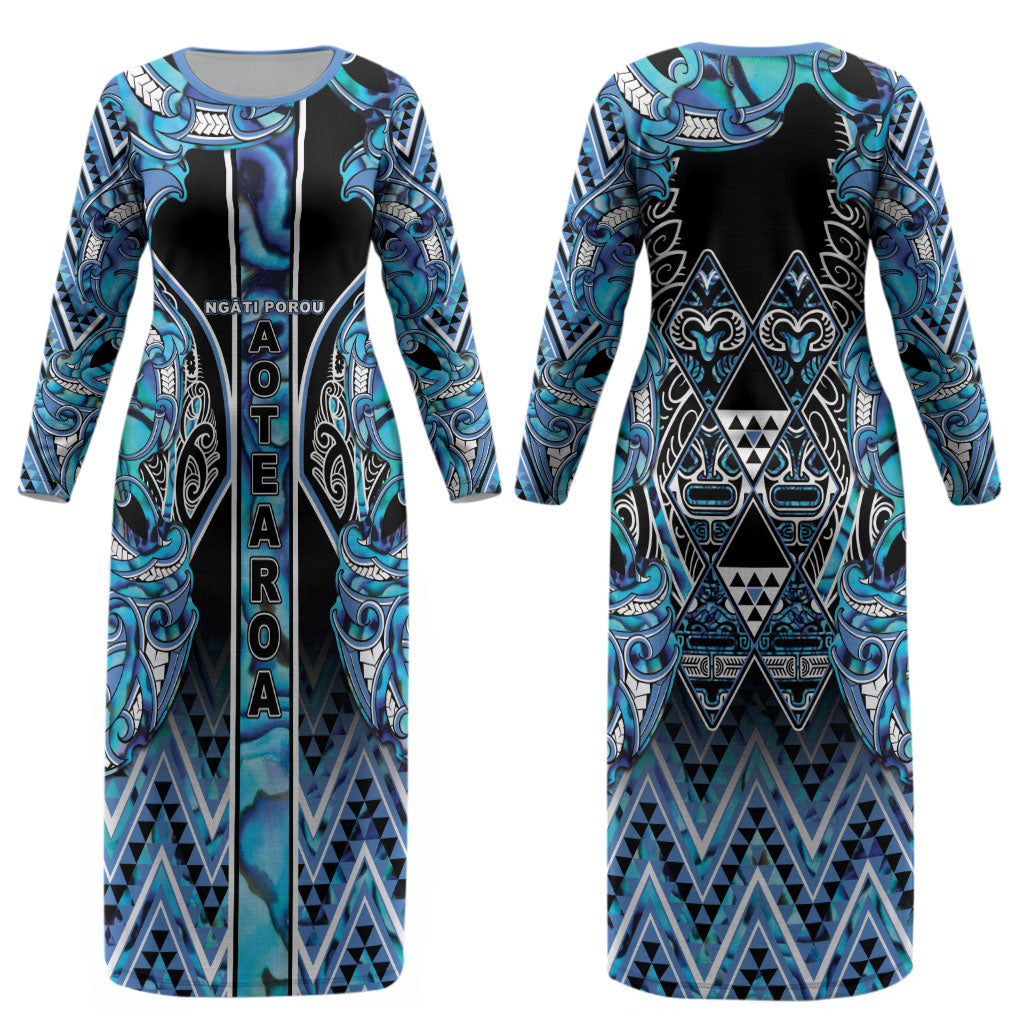 Aotearoa Ngati Porou Couples Matching Long Sleeve Bodycon Dress and Hawaiian Shirt Maori Light Blue Tribal Paua Shell Pattern DT05 - Polynesian Pride