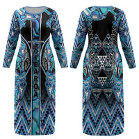 Aotearoa Ngati Porou Couples Matching Long Sleeve Bodycon Dress and Hawaiian Shirt Maori Light Blue Tribal Paua Shell Pattern DT05 - Polynesian Pride