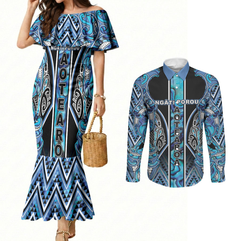 Aotearoa Ngati Porou Couples Matching Mermaid Dress and Long Sleeve Button Shirt Maori Light Blue Tribal Paua Shell Pattern DT05 Blue - Polynesian Pride