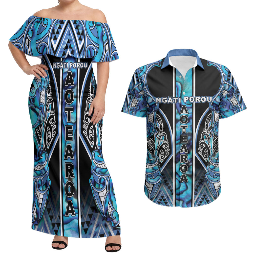 Aotearoa Ngati Porou Couples Matching Off Shoulder Maxi Dress and Hawaiian Shirt Maori Light Blue Tribal Paua Shell Pattern DT05 Blue - Polynesian Pride