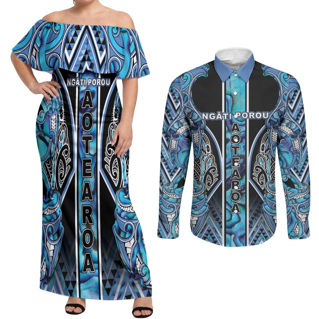 Aotearoa Ngati Porou Couples Matching Off Shoulder Maxi Dress and Long Sleeve Button Shirt Maori Light Blue Tribal Paua Shell Pattern DT05 Blue - Polynesian Pride