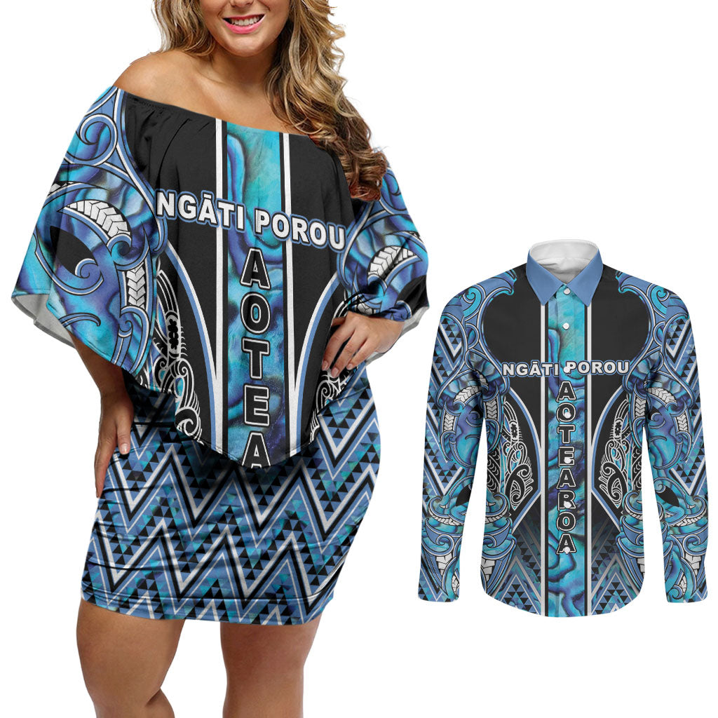 Aotearoa Ngati Porou Couples Matching Off Shoulder Short Dress and Long Sleeve Button Shirt Maori Light Blue Tribal Paua Shell Pattern DT05 Blue - Polynesian Pride