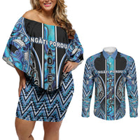 Aotearoa Ngati Porou Couples Matching Off Shoulder Short Dress and Long Sleeve Button Shirt Maori Light Blue Tribal Paua Shell Pattern DT05 Blue - Polynesian Pride