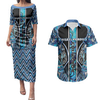 Aotearoa Ngati Porou Couples Matching Puletasi and Hawaiian Shirt Maori Light Blue Tribal Paua Shell Pattern DT05 Blue - Polynesian Pride