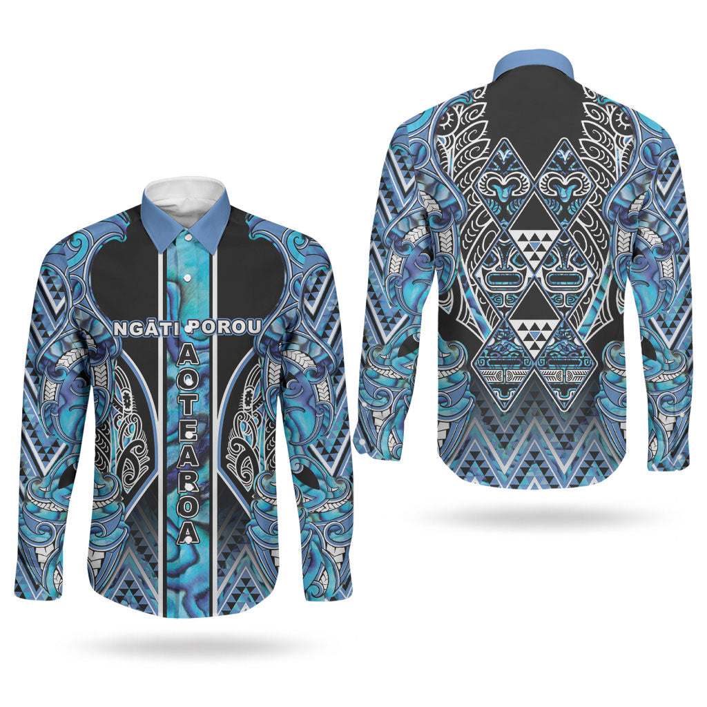 Aotearoa Ngati Porou Couples Matching Puletasi and Long Sleeve Button Shirt Maori Light Blue Tribal Paua Shell Pattern DT05 - Polynesian Pride