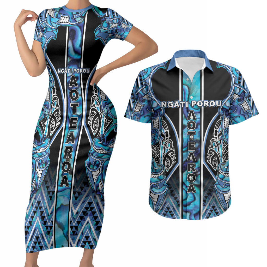 Aotearoa Ngati Porou Couples Matching Short Sleeve Bodycon Dress and Hawaiian Shirt Maori Light Blue Tribal Paua Shell Pattern DT05 Blue - Polynesian Pride