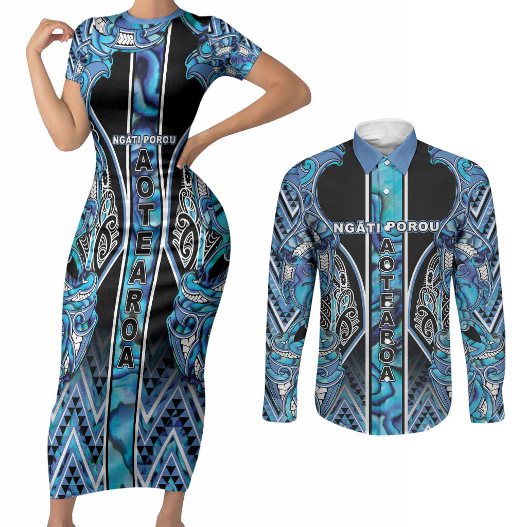 Aotearoa Ngati Porou Couples Matching Short Sleeve Bodycon Dress and Long Sleeve Button Shirt Maori Light Blue Tribal Paua Shell Pattern DT05 Blue - Polynesian Pride
