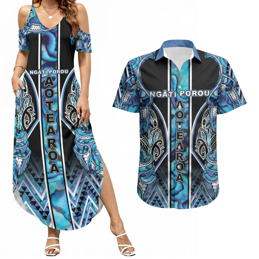 Aotearoa Ngati Porou Couples Matching Summer Maxi Dress and Hawaiian Shirt Maori Light Blue Tribal Paua Shell Pattern DT05 Blue - Polynesian Pride