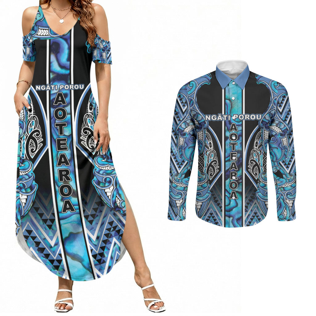 Aotearoa Ngati Porou Couples Matching Summer Maxi Dress and Long Sleeve Button Shirt Maori Light Blue Tribal Paua Shell Pattern DT05 Blue - Polynesian Pride