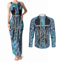 Aotearoa Ngati Porou Couples Matching Tank Maxi Dress and Long Sleeve Button Shirt Maori Light Blue Tribal Paua Shell Pattern DT05 Blue - Polynesian Pride