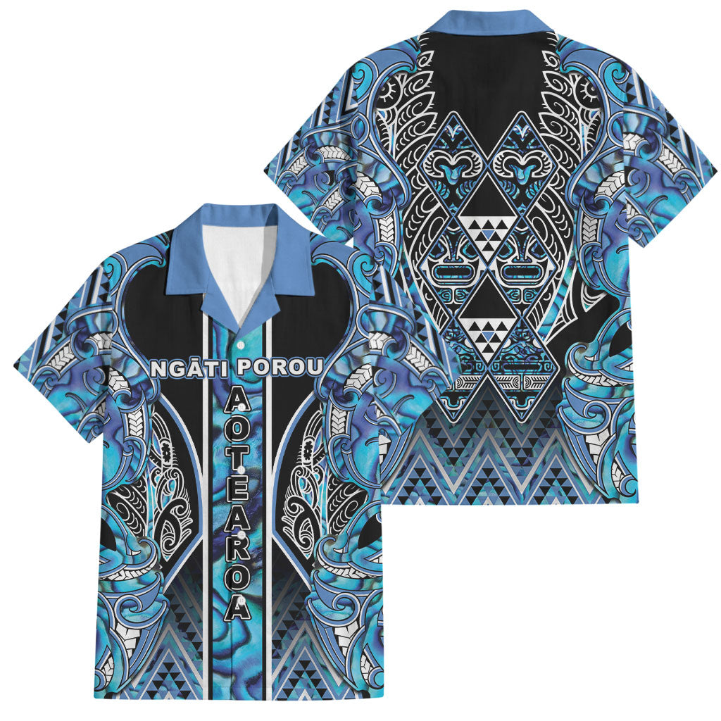 Aotearoa Ngati Porou Family Matching Off Shoulder Maxi Dress and Hawaiian Shirt Maori Light Blue Tribal Paua Shell Pattern DT05 Dad's Shirt - Short Sleeve Blue - Polynesian Pride