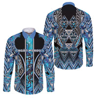 Aotearoa Ngati Porou Family Matching Off Shoulder Maxi Dress and Hawaiian Shirt Maori Light Blue Tribal Paua Shell Pattern DT05 Dad's Shirt - Long Sleeve Blue - Polynesian Pride