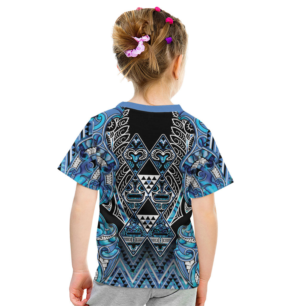 Aotearoa Ngati Porou Kid T Shirt Maori Light Blue Tribal Paua Shell Pattern DT05 - Polynesian Pride